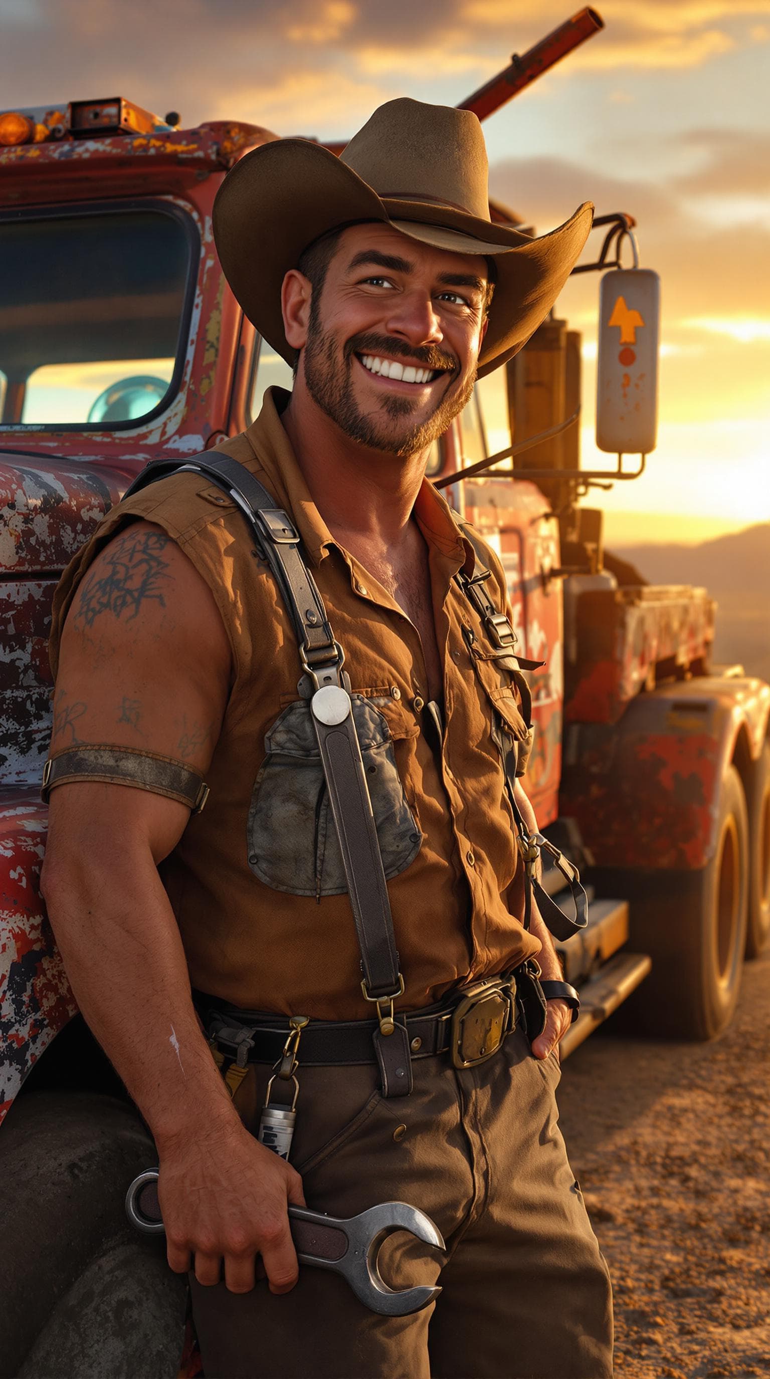 AI generated: A hyper-realistic, rugged country mechanic inspired by Mater; tall and lanky with a wide toothy grin...