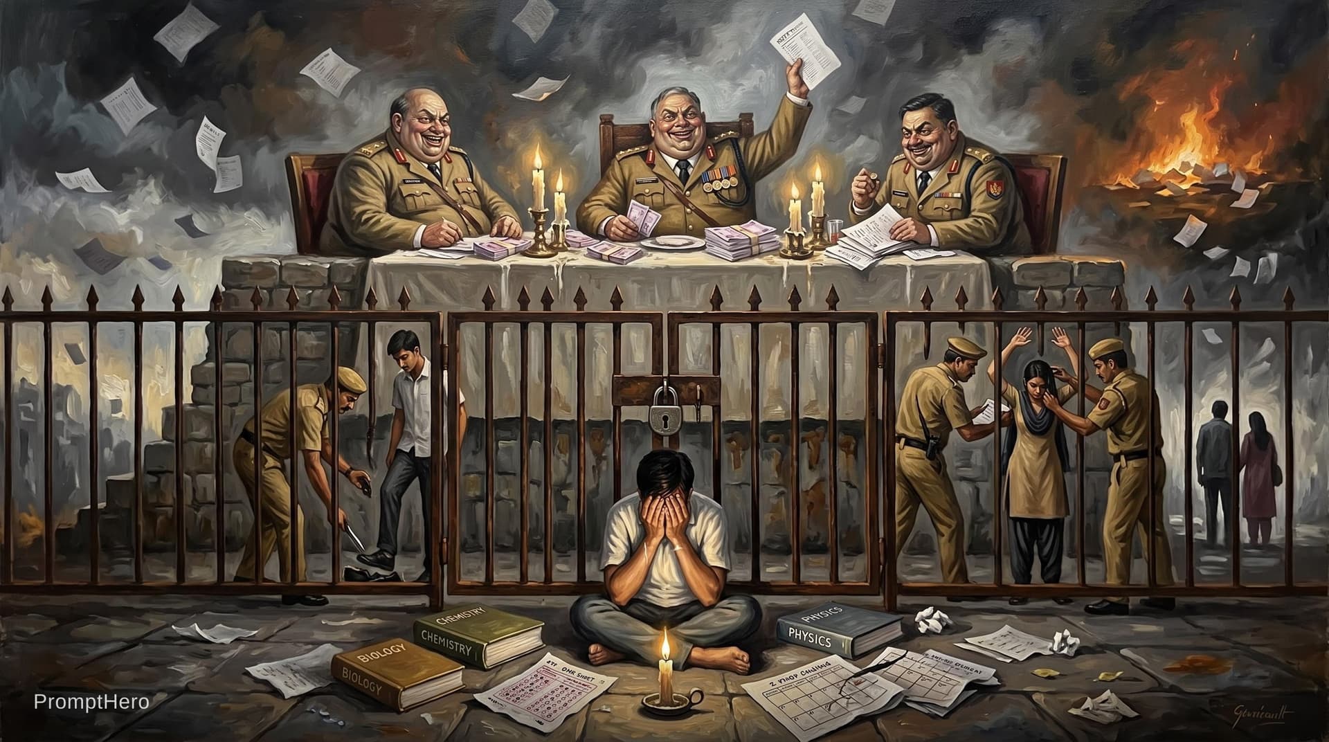 AI generated: The Weight of a Stolen Dream — NEET Paper Leak, India 2024
Oil painting in the style of Théodore Gér...