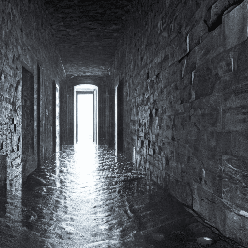 AI generated: The dark hallway, made entirely of stone, stretches into a black void. The dripping of water is hear...