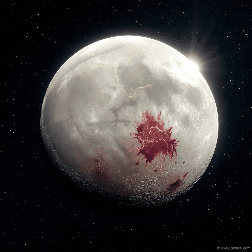 AI generated: a white moon with Black thin rivers of oil running through it like veins of gold in stone and small ...