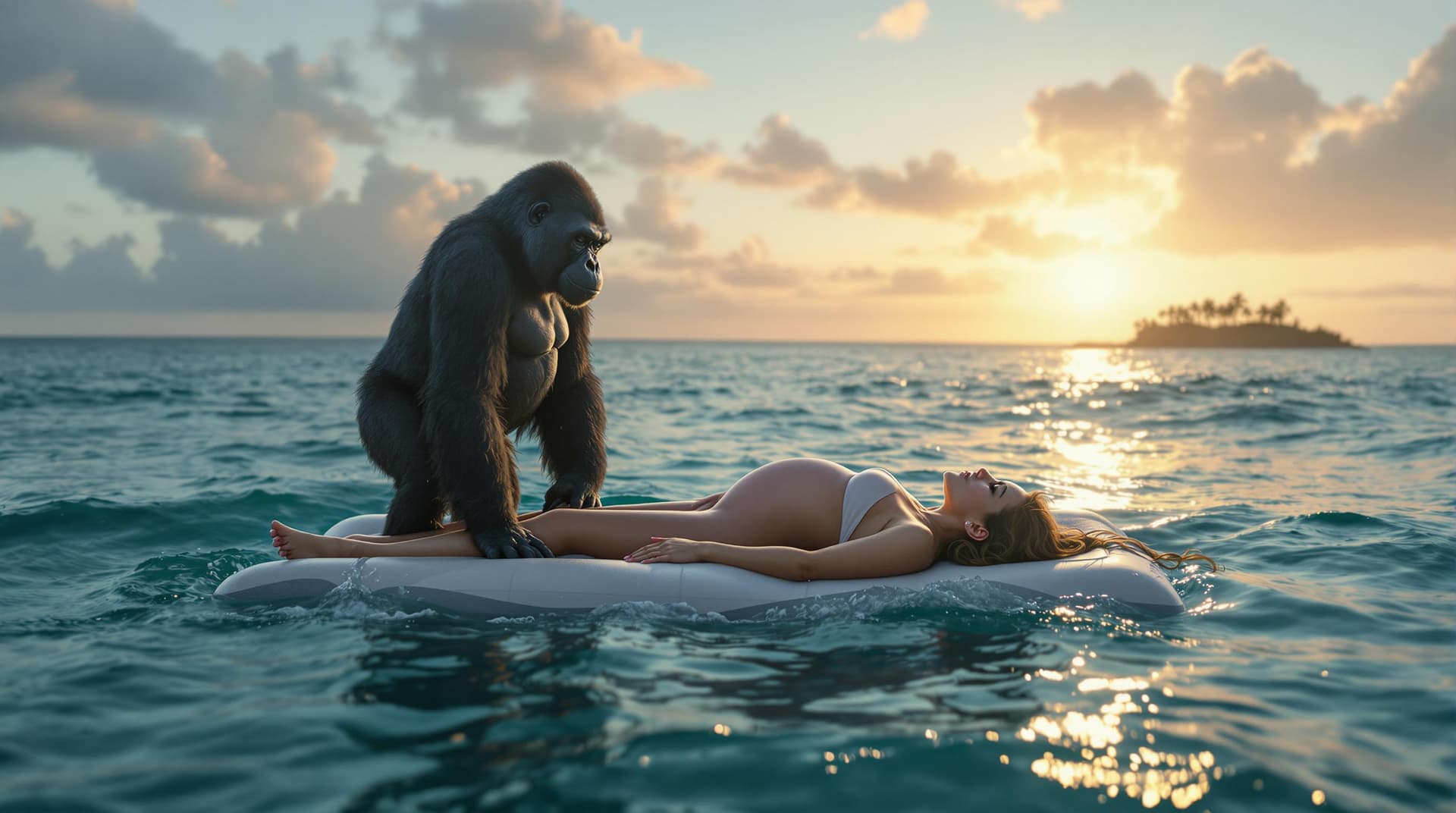 AI generated: “A surreal and touching scene of a pregnant girl giving birth on a raft in the open ocean. The water...