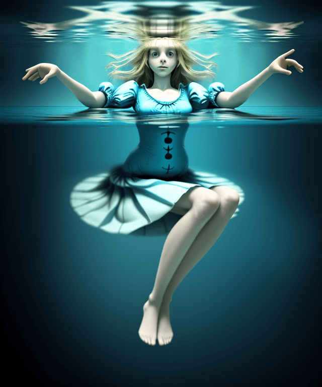 AI generated: alice floating horizontally under water.
realistic, not creepy
 arm pointing towards the surface