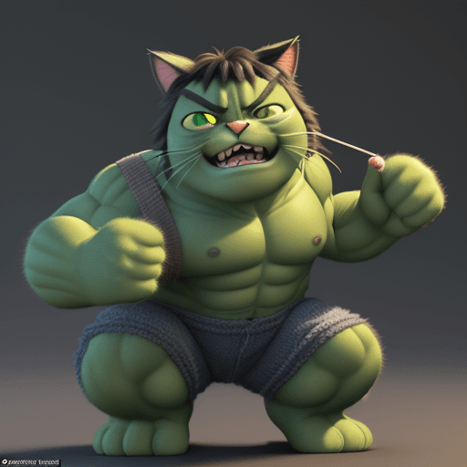 AI generated: A Pixar 3D render of a knitting cat version of hulk reminiscent of the animation in "Finding Nemo." ...