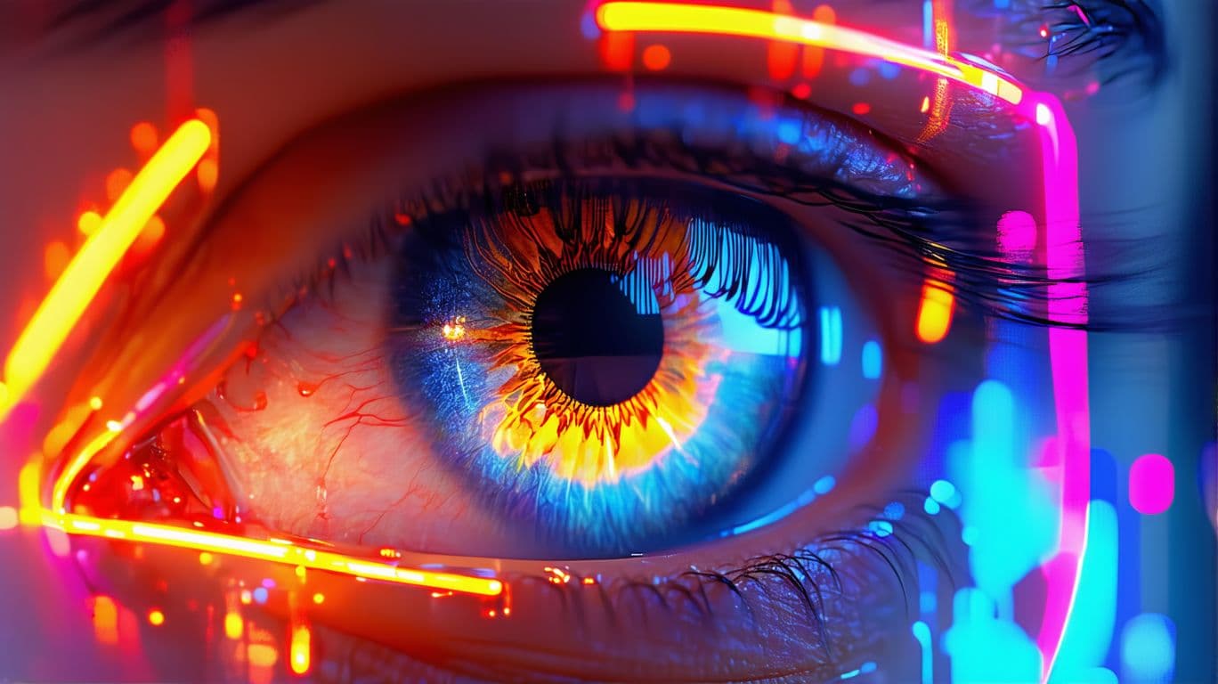 AI generated: close up beautiful eye . , reflections, neon colors, intricate artwork . octane render, trending on ...