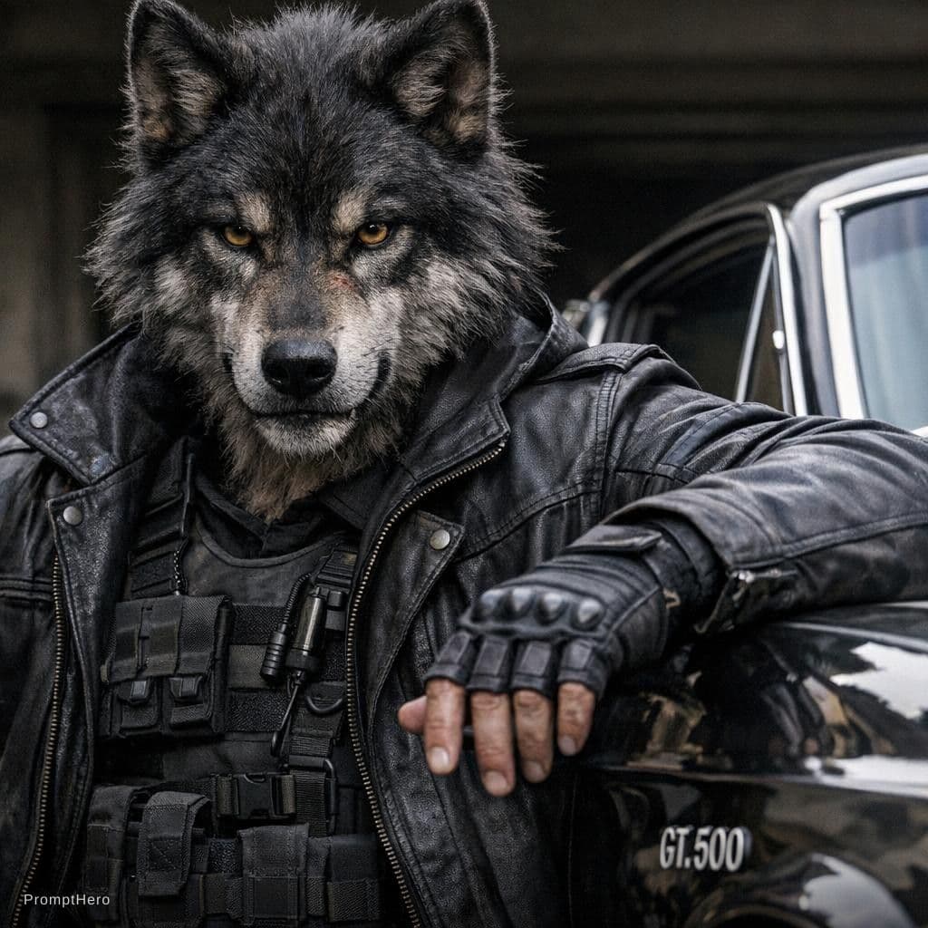 AI generated: Realistic, male humanoid wolf, black open jacket with black military gear underneath it, no helmet, ...
