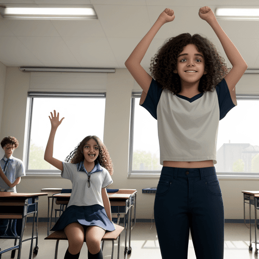 AI generated: A boy and a girl in high school, in a classroom setting. he is light straight hair, she has curly br...