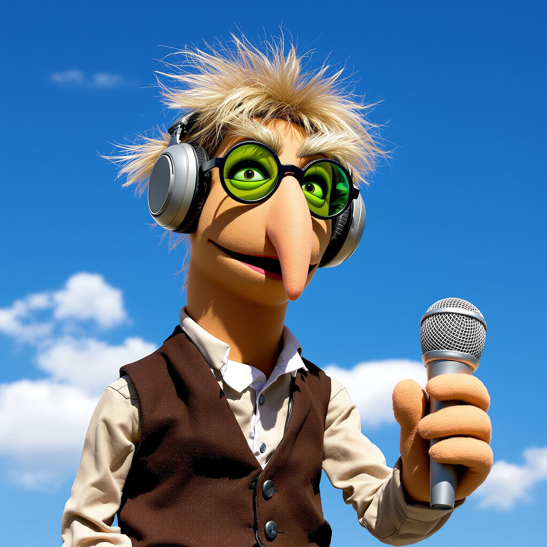 AI generated: The puppet has a tall, slender frame with a long, pointed nose and expressive, bushy eyebrows. Its h...