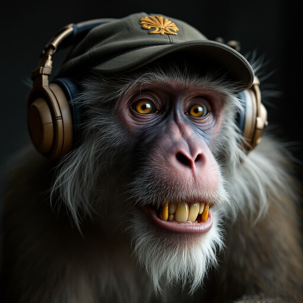 AI generated: create a video of an old baboon wearing a headphone, gold tooth, a cap, and white jaw fur