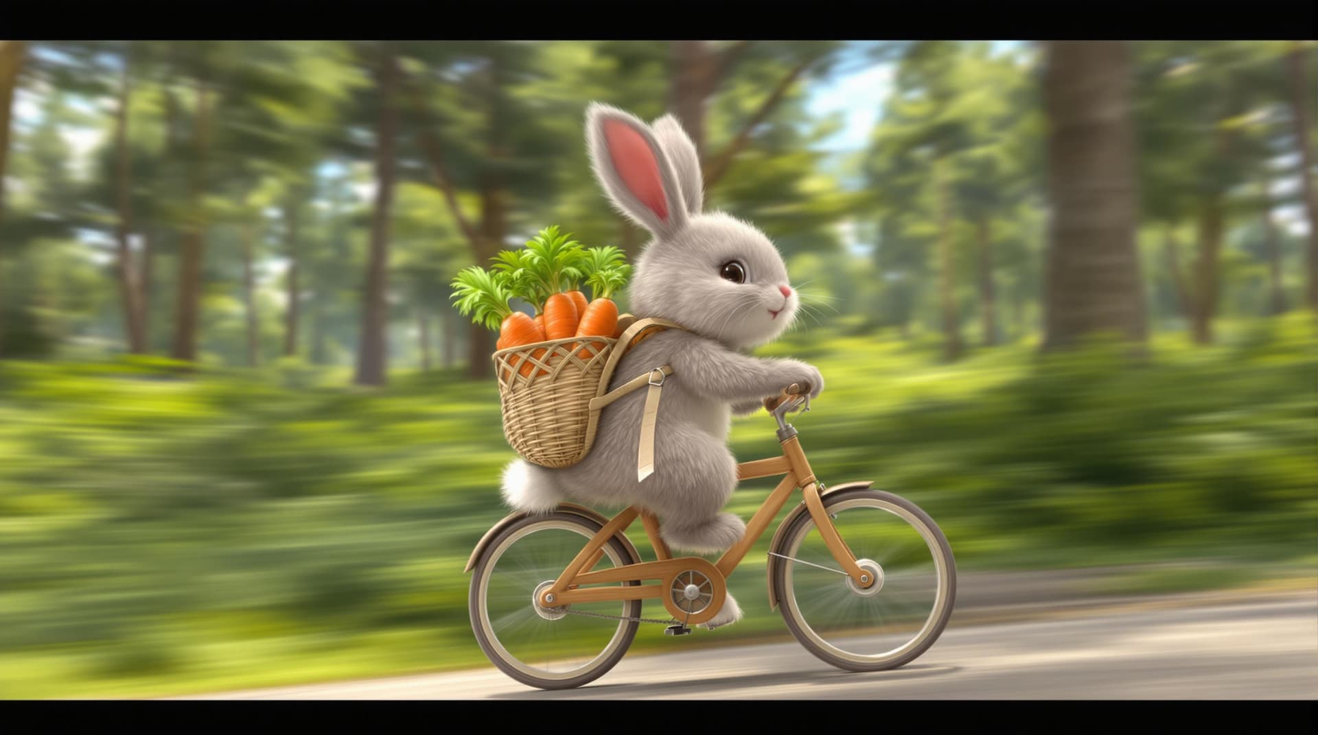 AI generated: A cute fluffy grey little rabbit rides an elegant wooden little bicycle that is actively moving thro...