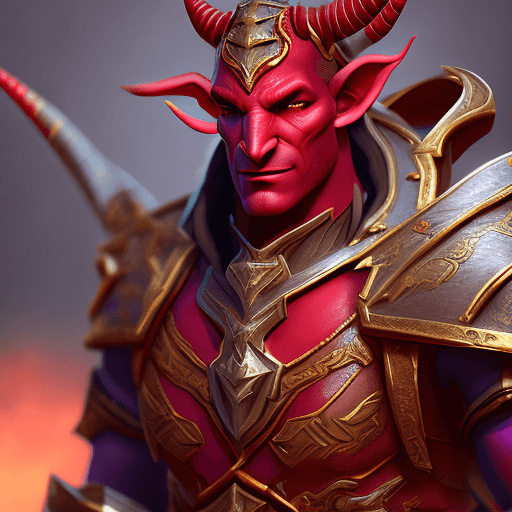 AI generated: tiefling paladin man, red skin, broken horn, luxury, elegant, ornate, vibrant and vivid, cinematic, ...