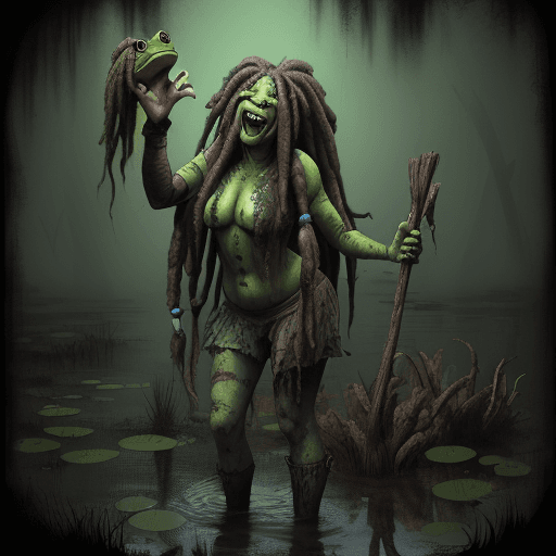 AI generated: A bullfrog lady with long moldy dreadlocks winking, standing waste deep in a dark swamp.