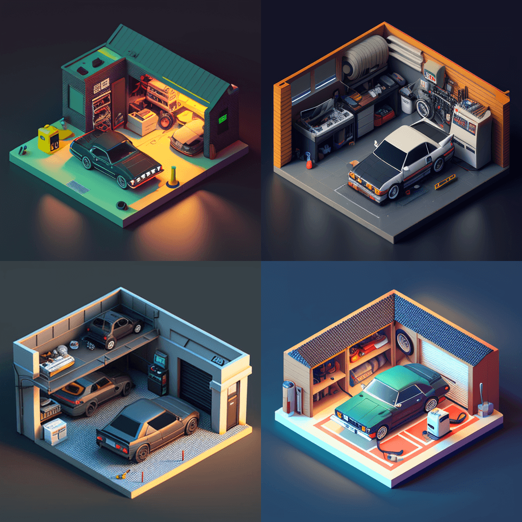 AI generated: isometric view of a garage with a nissan skyline, isometric, tiny, 3d render, unreal engine, intrica...
