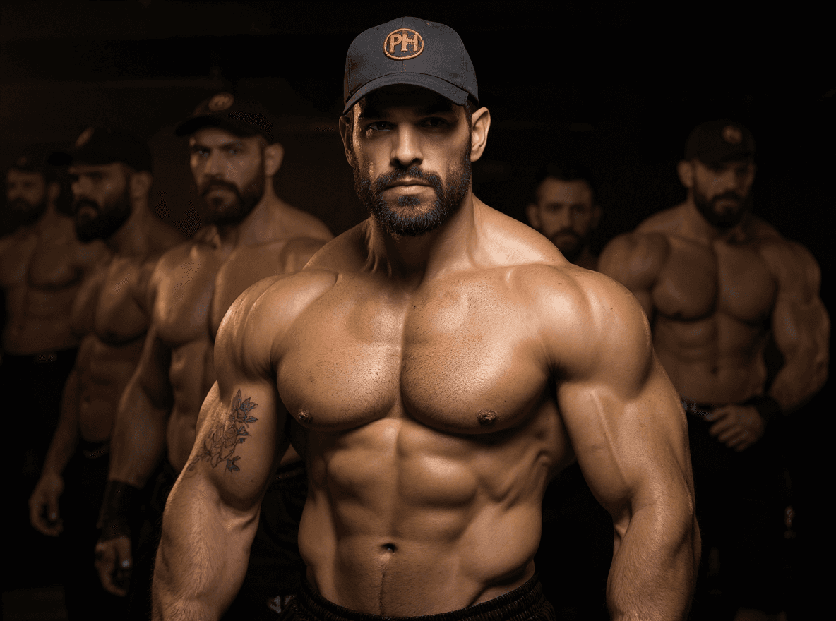 AI generated: "A muscular, man with an intense and confident expression, featuring deep-set brown eyes, a strong j...