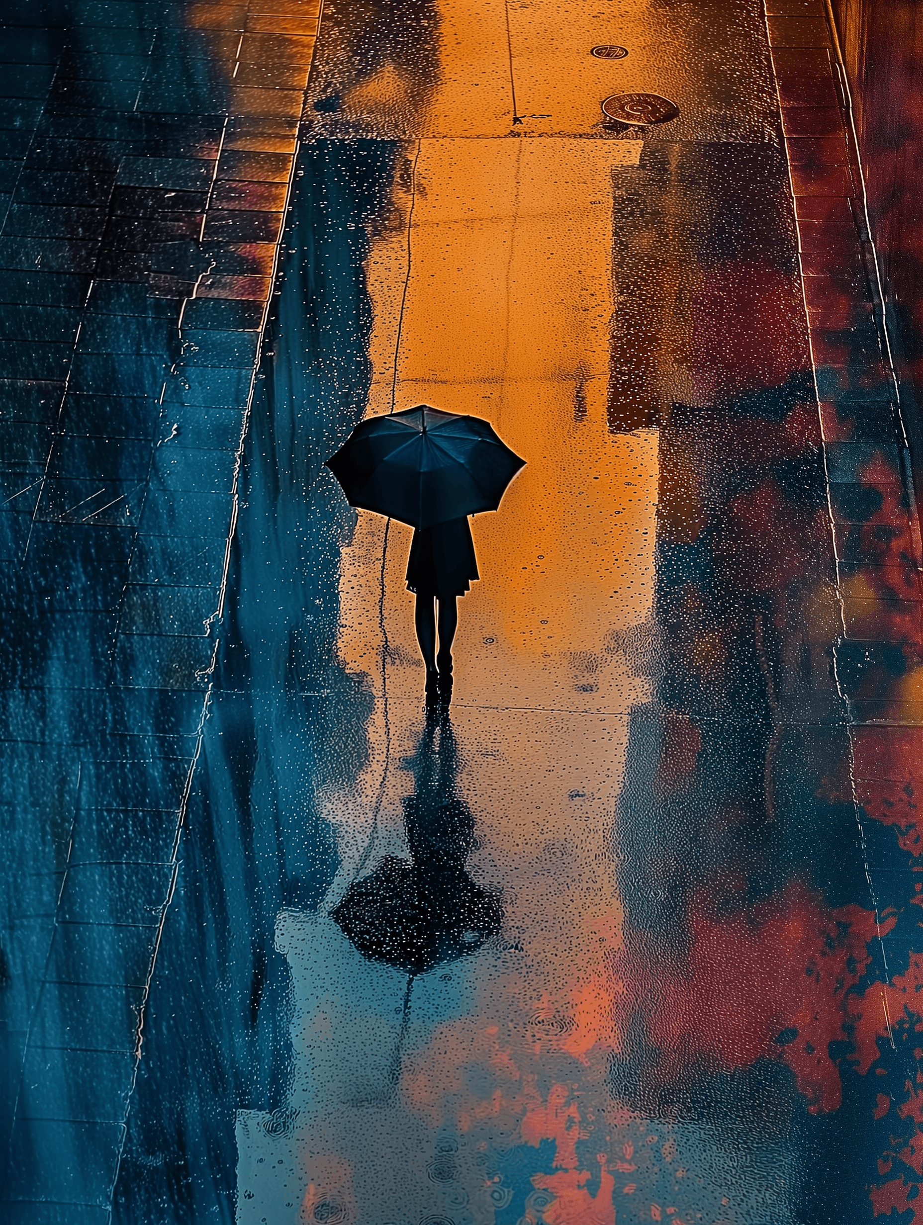 AI generated: an image of a person with an unbrella walks down a street through the rain, in the style of psychede...