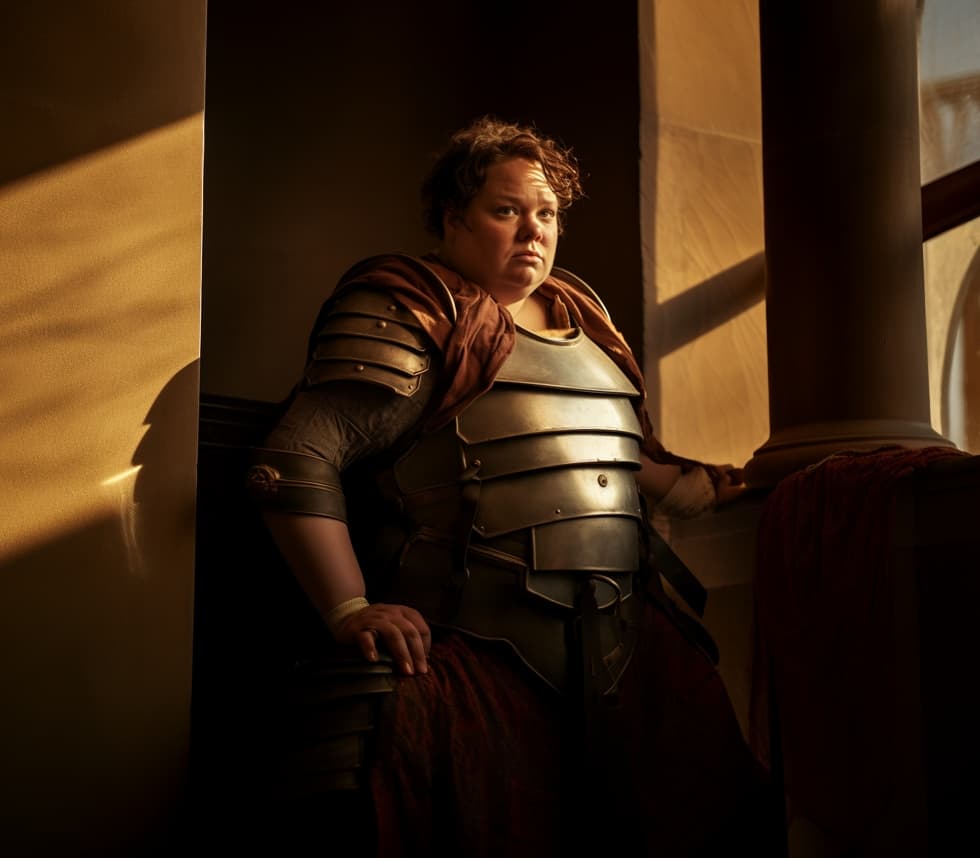 AI generated: gritty portrait of, chubby woman, norman rockwell style, as a roman gladiator, Wearing gladiator arm...