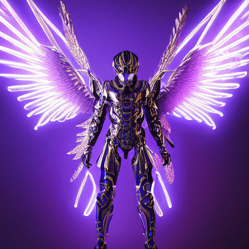 AI generated: a photo of 8k ultra realistic archangel with 6 wings, full body, intricate purple and blue neon armo...