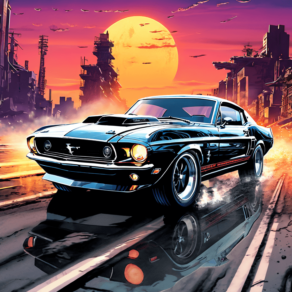 AI generated: A Masterfully drawn (((poster style))) for a (post apocalyptic world) featuring a sleek, (((mustang ...