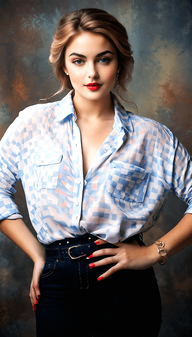 AI generated: A woman is standing in front of a wall, wearing a blue and white shirt and black jeans. She is posin...