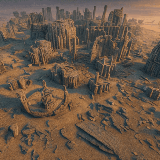 AI generated: a desolate wasteland with ruins dotted about a giant dried up seabed, with wanderers scavenging for ...
