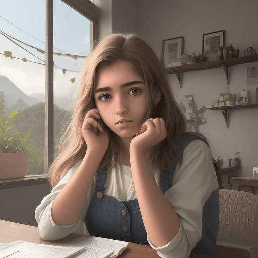 AI generated: Imagen hiper realista de chica joven, pelo largo y castaño. Sentada frente a una mesa con el ordenad...