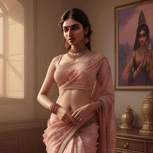 AI generated: Gujarati model, braless, Blush Pink Zari Embroidered Saree, bold lipstick, cell shaded, dynamic ligh...