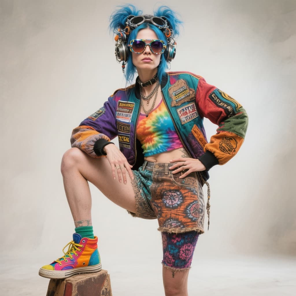 AI generated: a person posing in an eclectic and colorful outfit. They are wearing a vibrant jacket with patches, ...