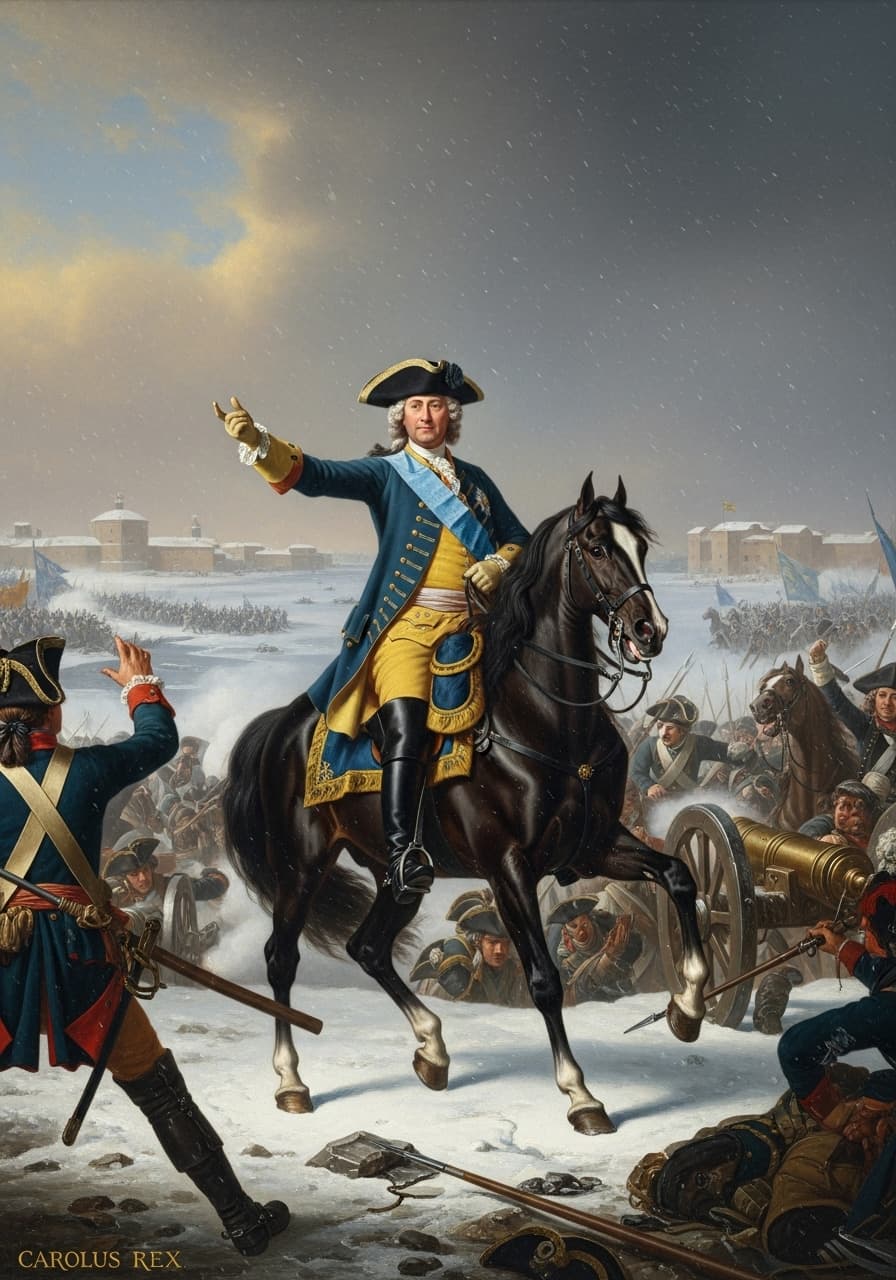 AI generated: Paint Swedish King ,,Karl XII (CAROLUS REX) in 1700 at the battle of narva ,majestic,blue swedish ba...