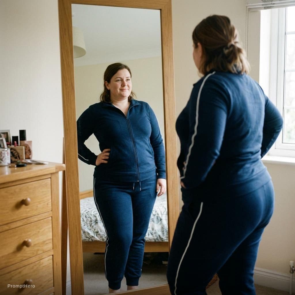 AI generated: A massive plus size of 30 year old white woman dressed in tight tracksuit,

brunette hair,

chubby f...