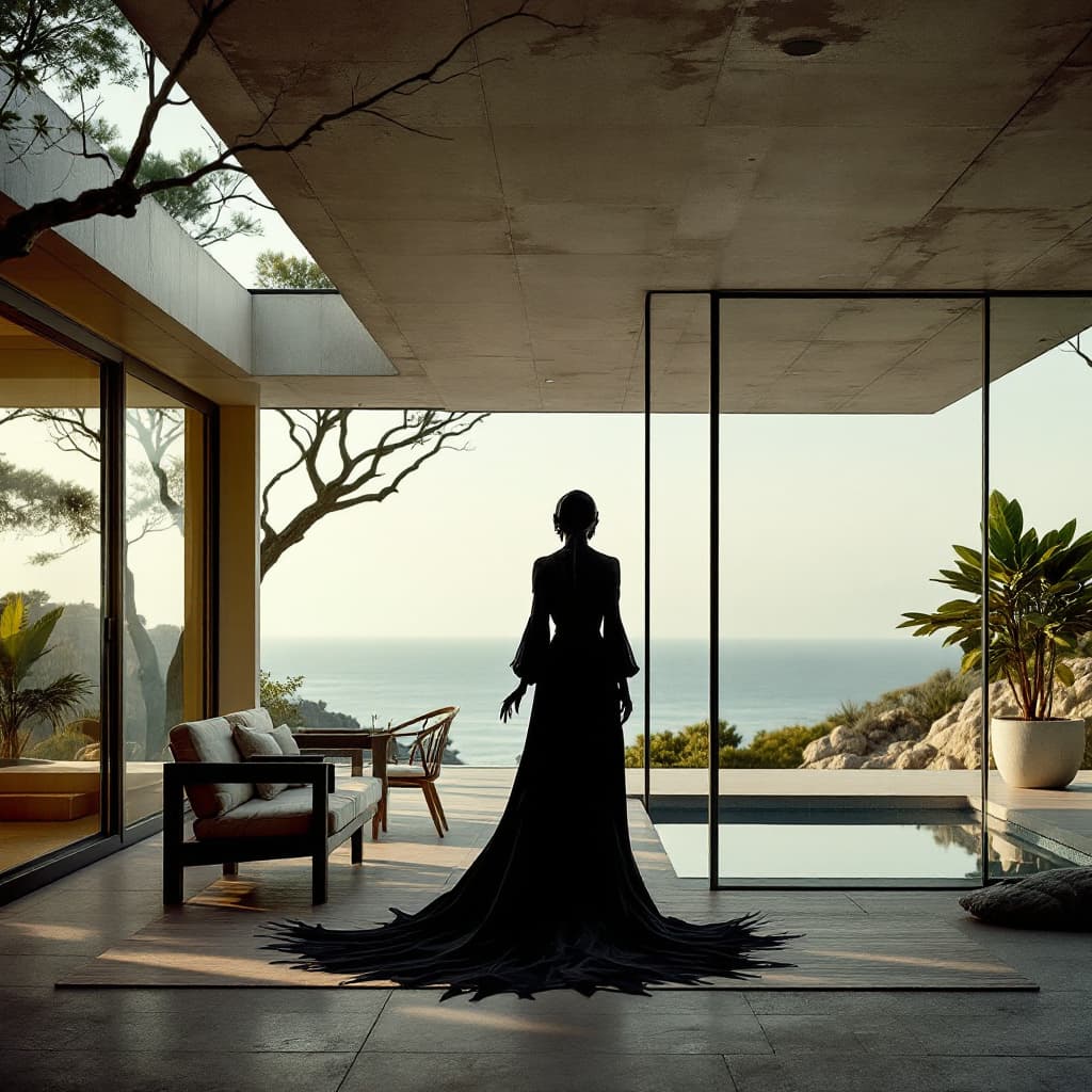 AI generated: Vampire woman, Nosferatu, Hyper realistic eye level exterior photo of a mid century modern style hou...