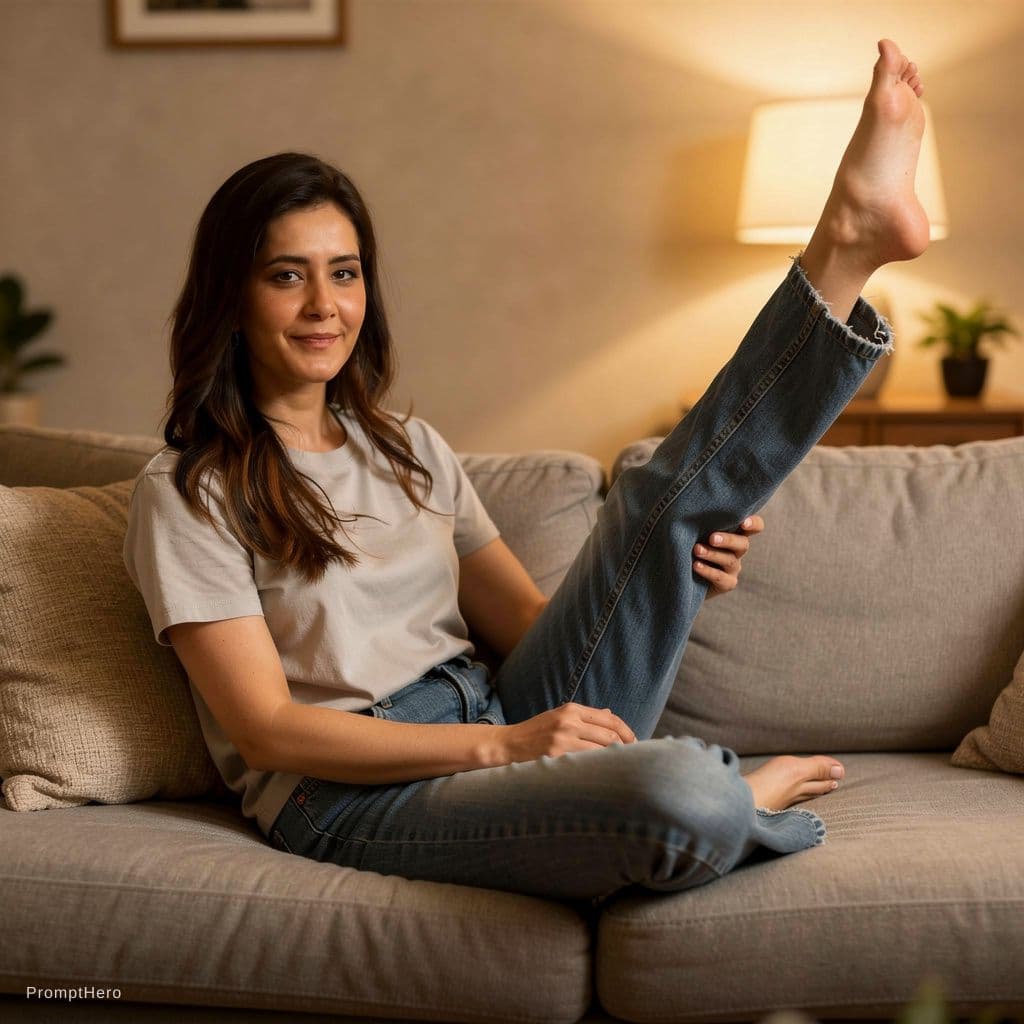 AI generated: Women sitting in the bed and lift one leg up and showing under wear 
