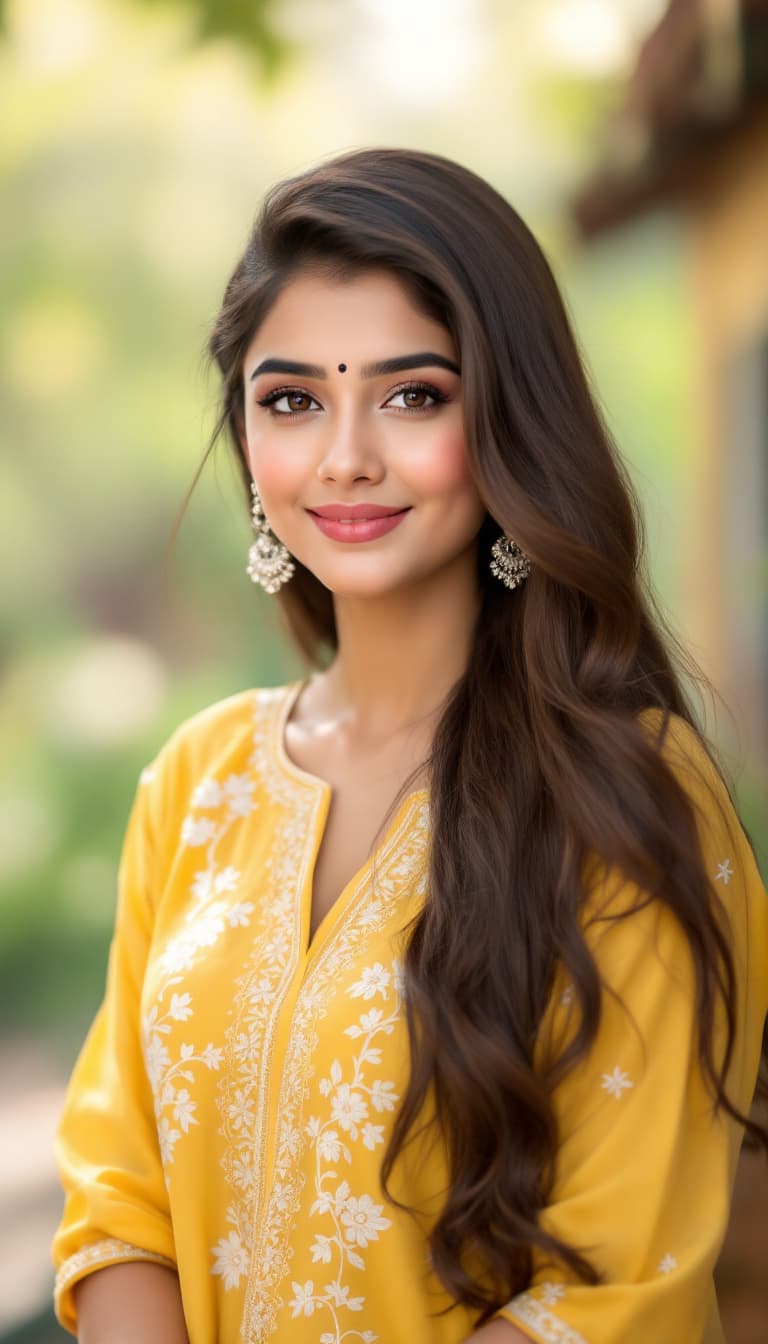 AI generated: A female AI influencer with smooth, glowing skin, long, soft brown hair styled naturally and parted ...