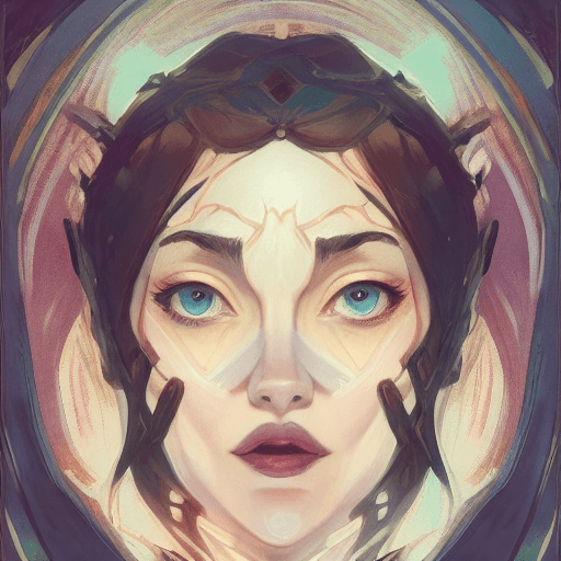 AI generated: front facing symmetrical centered painted portrait, just one head, Imogen Poots as a D&D Paladin, RP...