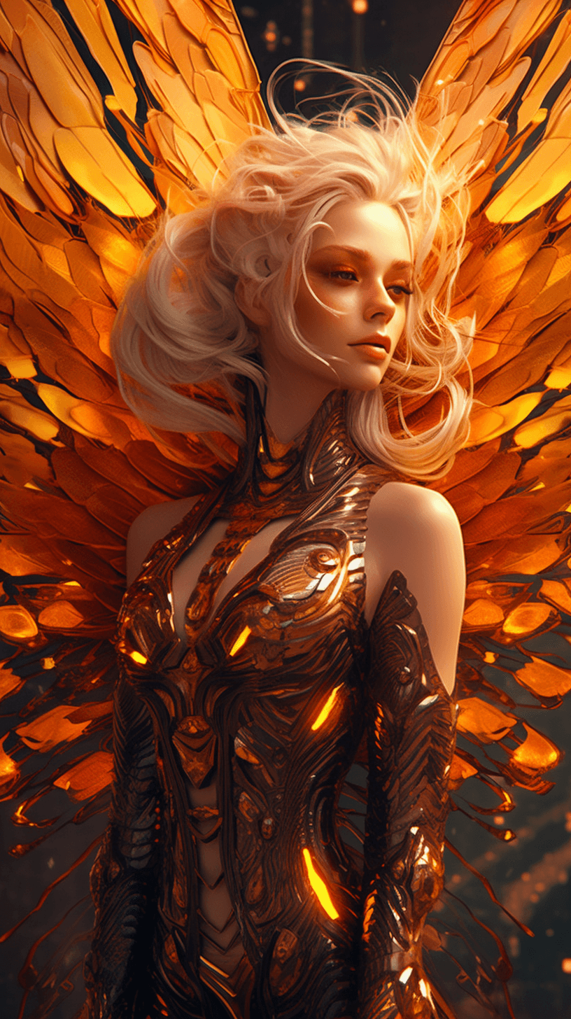 AI generated: A character with golden wings, in the style of Beeple, pulsing with a vibrant blonde light, realisti...
