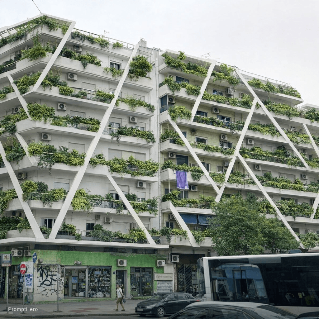 AI generated: Add a structure of white different angled stripes and various width in the facades of the buildings ...