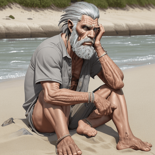 AI generated: frontal view of a nice, wise, slim and old gray hair prehistoric man sitting on sand near the bank o...