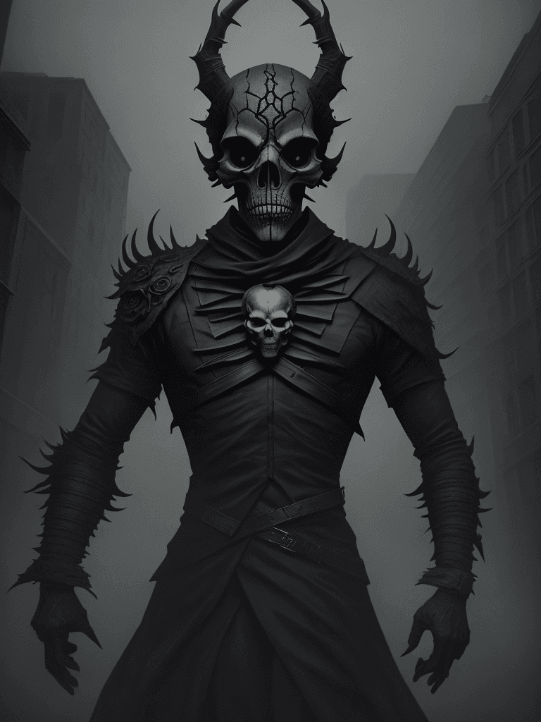 AI generated: breathtaking Artistic male in skull mask , solo., under creepy evil fog. In a City burial background...
