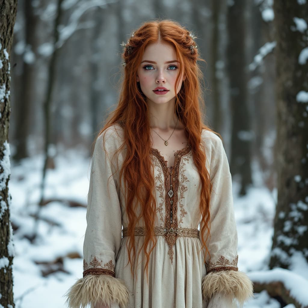 AI generated: Female Long red hair, peasant style dress with fur trim, tears in the dress,, standing in a snowy fo...