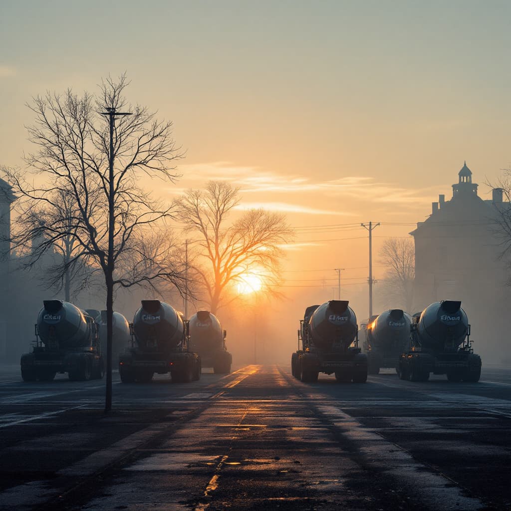 AI generated: Sunrise. Calm light breaks through the fog. A row of "Elbed" concrete mixers trucks stands in the sq...