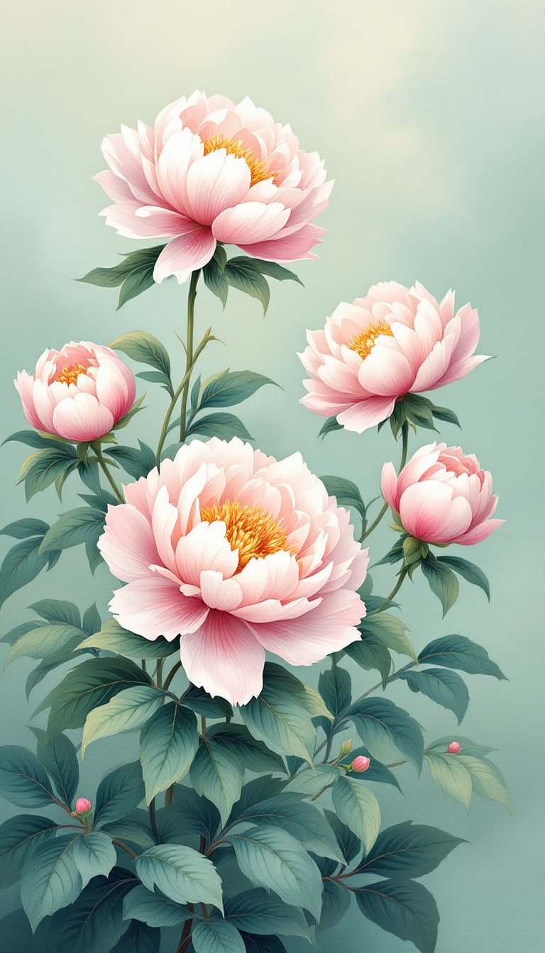 AI generated: Beautiful Chinese peonies decorate the soft light green canvas