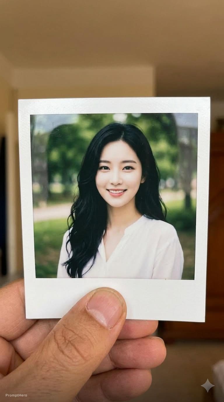 AI generated: A photo of a polaroid picture in the hand of a man that shows a beautiful, smiling Korean woman with...