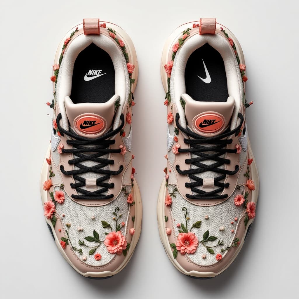 AI generated: sneakers with silicone soles, nike logo in the shoe, design, flowers, insanely detailed, 8k --ar 4:5