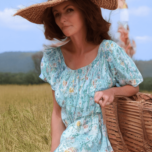 AI generated: A older 
 girl, summer dress long legs, beautiful face big hat, 