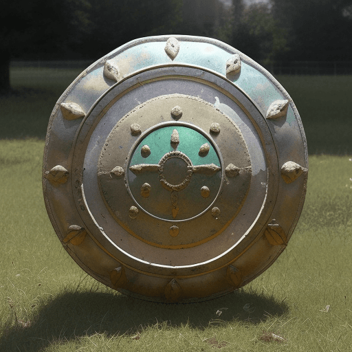 AI generated: Abandoned Roman Shield semi-transparent over the ground
