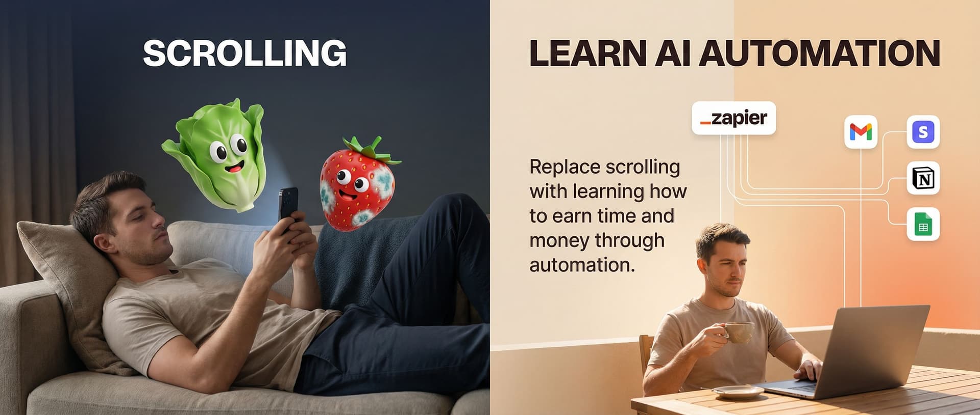 AI generated: Minimal split-screen advertising image with a clean, modern lifestyle aesthetic.
The image is vertic...