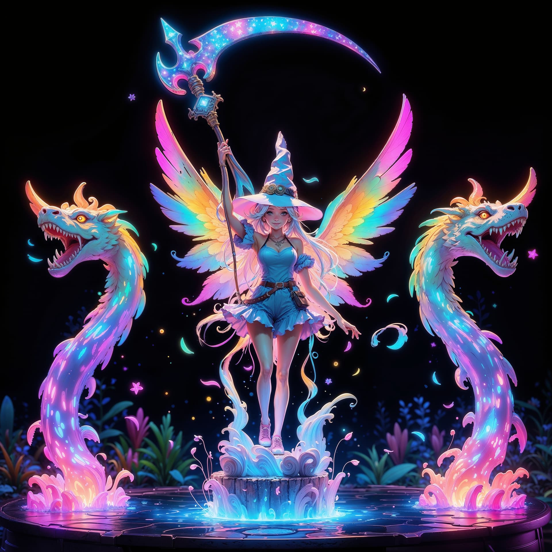 AI generated: a (Unique Masterpiece) 'water fountain' with 2 arms. the Statue has two huge serpent-dragons standin...