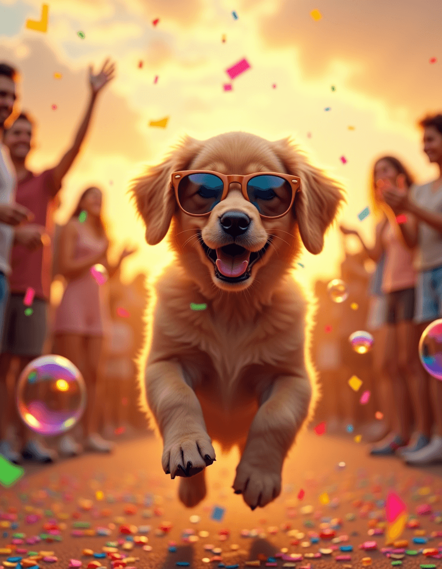 AI generated: A hyper-realistic, vibrant scene of a golden retriever puppy wearing oversized, retro sunglasses, jo...