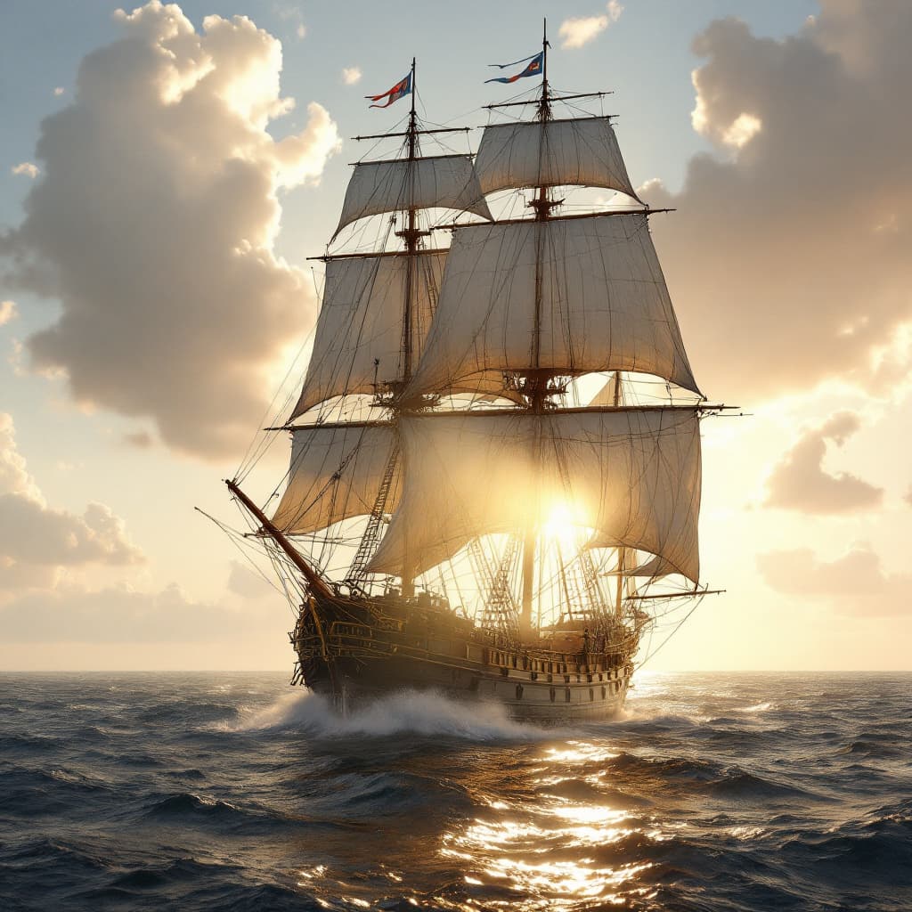 AI generated: Photo of a ultra realistic sailing ship, dramatic light, pale sunrise, cinematic lighting, battered,...