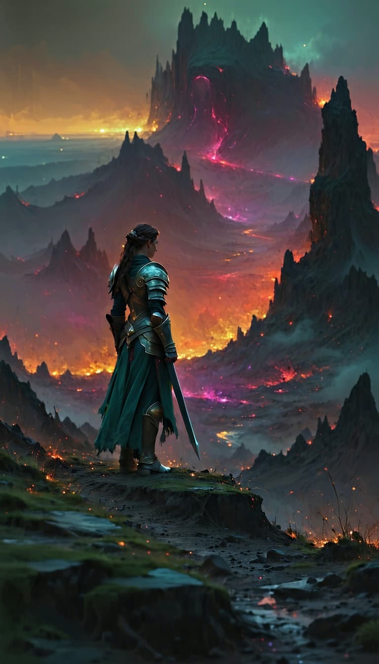 AI generated: poster of warrior princess| standing on hill |centered| key visual| intricate| highly detailed| brea...