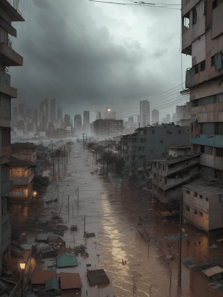 AI generated: A heavy storm and flooding of a slum area corner,flood,
rain,typhon,
litter,intricate detail,masterp...