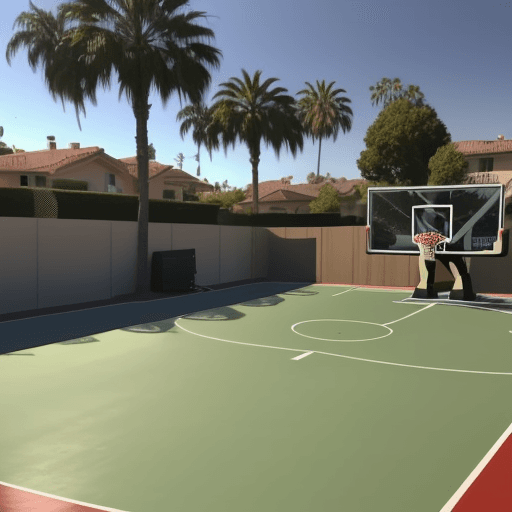 AI generated: Lebron James's backyard basketball court at his la home 

be sure to focus on the hoop and landscape...